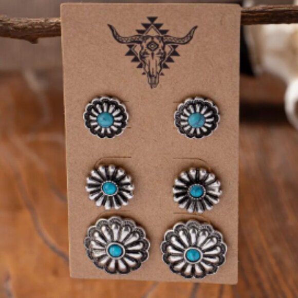 Three Pair Stud Earring Set - Western Style Silver Plated &Turquoise Howlite NEW - Picture 1 of 1